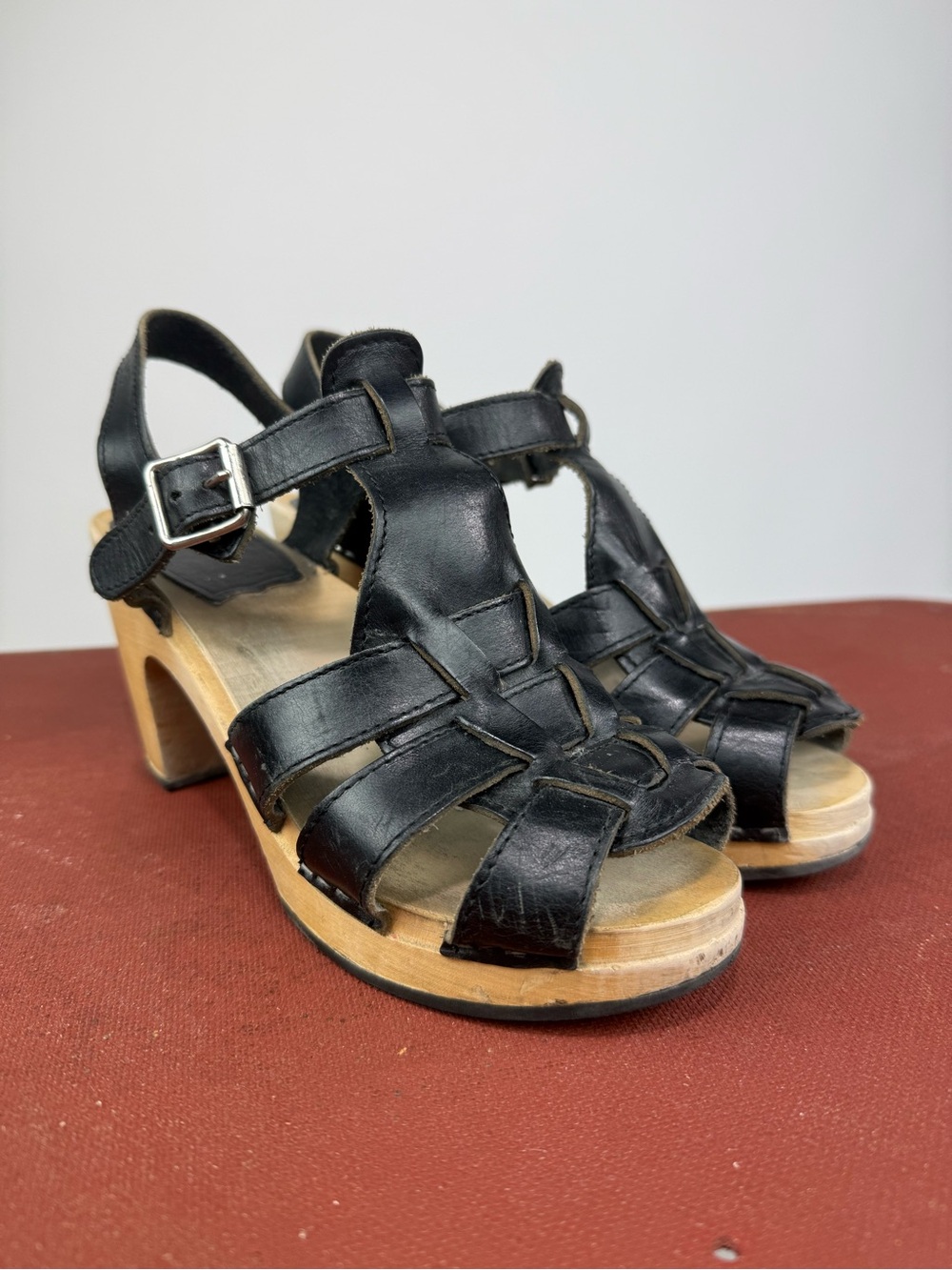 Swedish Hasbeens Black Woven Leather Platform Sandals Size 39
